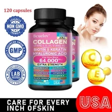 Collagen Peptides Type I II III V X-Biotin, Keratin Hyaluronic Acid 120 Capsules