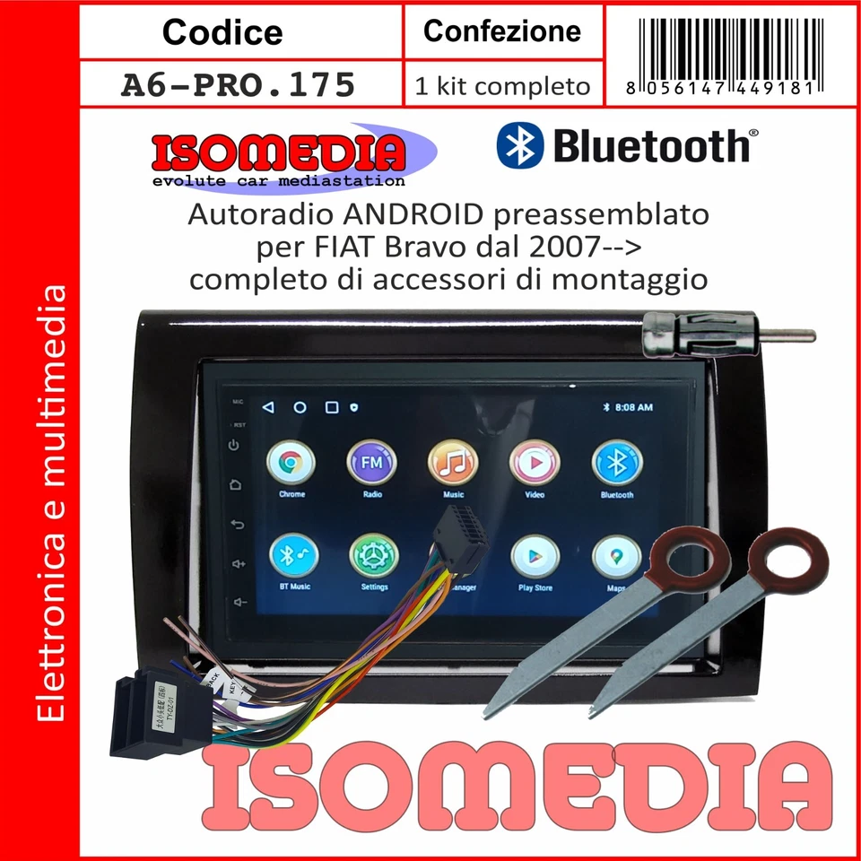 AUTORADIO ANDROID COMPATIBILE FIAT BRAVO DAL 2007 KIT 2 + 64GB BT - Immagine 3 di 4