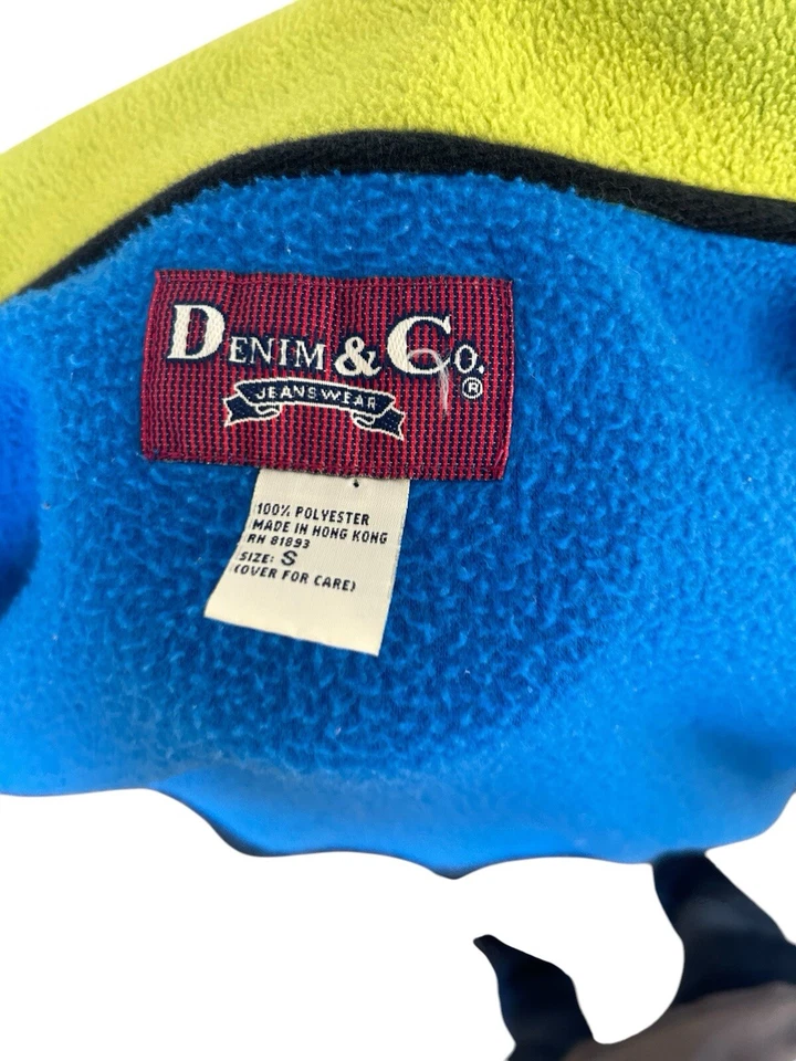 Chaqueta polar vintage de los 90’s Denim & Co azul amarillo neón bloque de color para hombre pequeña Foto 3 de 3