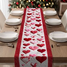 Heart Table Runner Valentine Decor Red Pink Print Romantic Wedding Dining Home