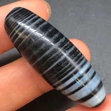Rare Tibetan Old Agate DZi Natural Silkworm Lines Bead Pendant 42mm Z9