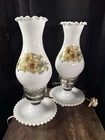 Vintage Set Of 2 Milk Glass Hurricane Lamp 12.5"  Daisy Floral Cottage Boho