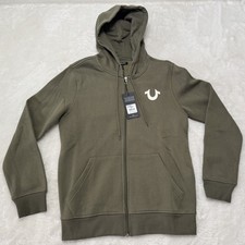 True Religion Men's Olive Fleece Full Zip Hoodie S Hooded Logo Pockets