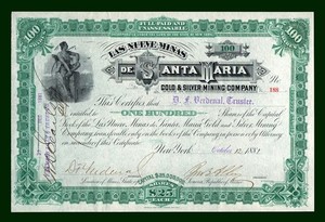 1881 SONORA MEXICO / NEW YORK  De Santa Maria Gold & Silver Mining Company Stock