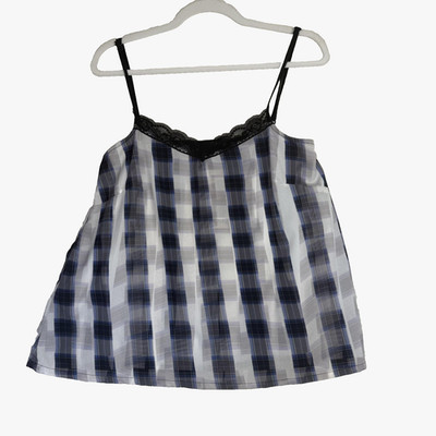 MINKPINK Christina Perri Plaid Cami Goth Medium Blue Black White Lace Tank Top