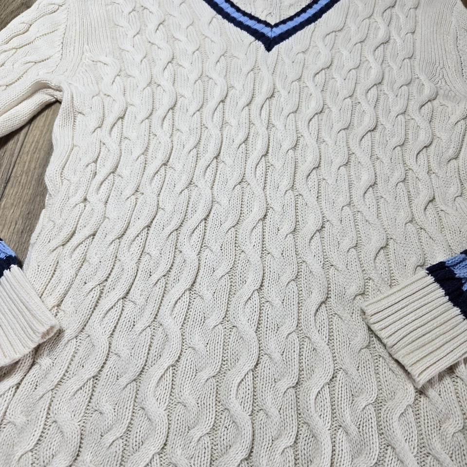 Suéter American Eagle Marfil Tejido con Cable con Borde Azul Talla Pequeña Academia Y2K Foto 2 de 4