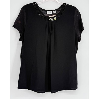 Jaclyn Smith Collection Black Lattice Neck Pleated Blouse Womens Sz XL New