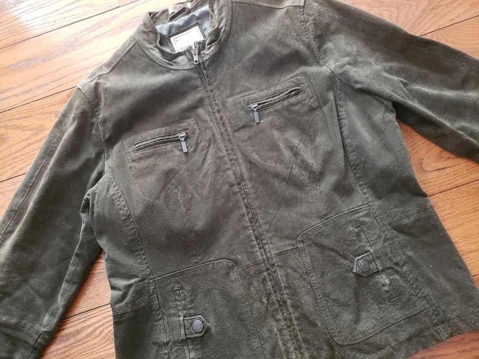 Chaqueta de cuero de gamuza genuina verde oliva con volantes talla XL para mujer  Foto 2 de 4