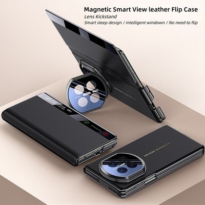Magnetic Smart View leather Camera lens Stand Flip phone Case For Huawei Mate X7