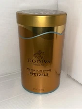 Godiva Chocolatier Empty Pretzel , Cylinder Shaped Gold Tin 8” Tall
