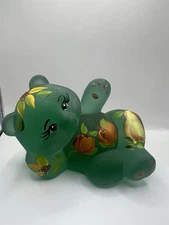 Fenton Glass Bear Figurine Satin Light Green Floral Handpainted Signed 