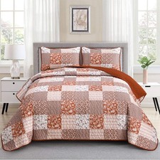 Mybedsoul Burnt Orange Quilt Set King Size, 3 Pieces Boho Plaid Terracotta Flora
