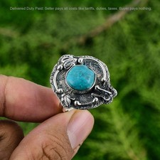 925 Sterling Silver Round Natural Tibetan Turquoise Promise Mother Ring Jewelry