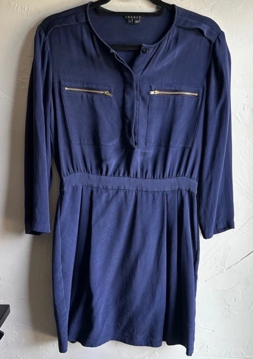 Theory Brunella Zip-Pocket Basque Stretch Silk Dress Navy Blue Quiet Luxury Sz 6 - Image 3 of 4