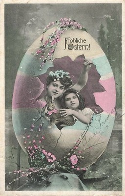 921461) AK Fröhliche Ostern !  Mutter mit Kind, Osterei, Hase mit Schleife, 1907