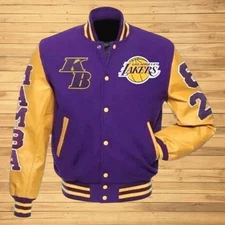 LA Lak-ers Kobe Bryant Varsity Bomber Wool Letterman Leather Sleeves Jacket