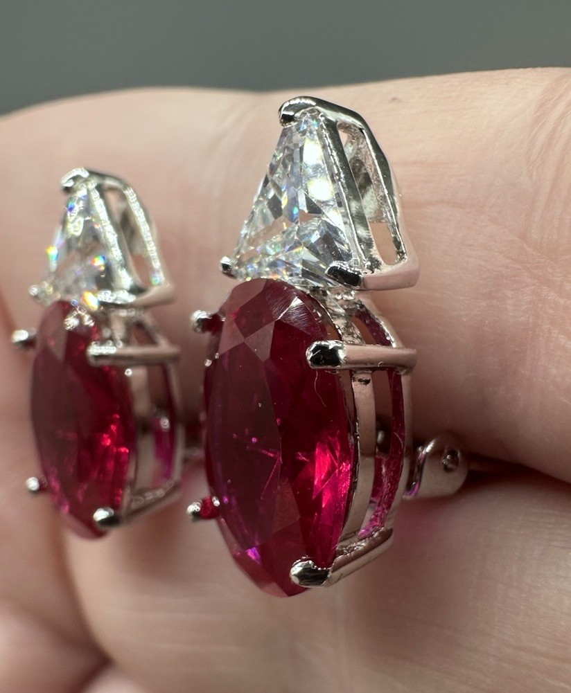 Sterling Silver Large Ruby Red Oval Stud Earrings… - image 8