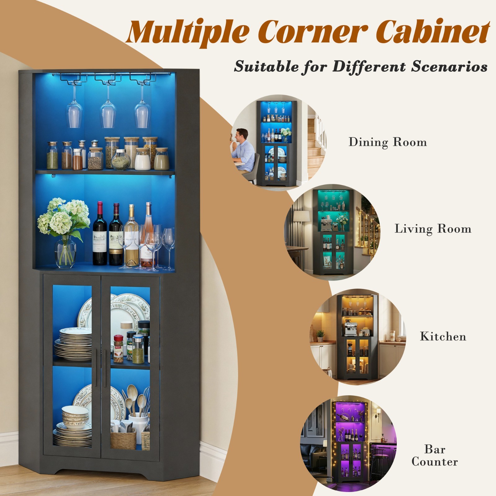 65" Tall Corner Wine Bar Cabinet with LED Lights, 4-Tier Liquor Display Cabinet