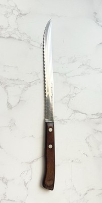 FLINT Stainless Waverly Serrated Carving Knife USA Wood Handle Rivets 8  Blade