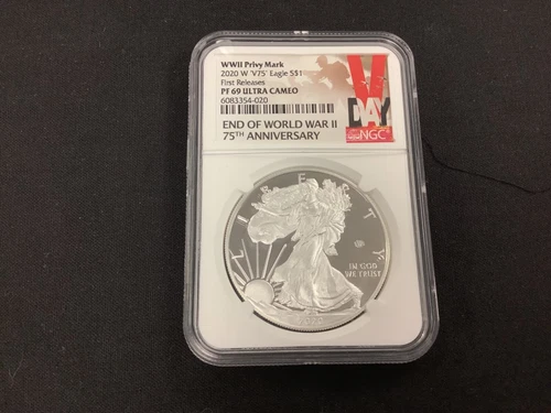 2020-W Proof American Silver Eagle WW2 V75 Privy NGC Graded PF69 Ultra Cameo!