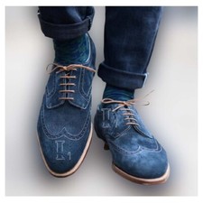 Handmade Men's Blue Suede Wing Tip Lace Up Genuine Leather Shoes, Sale !!!