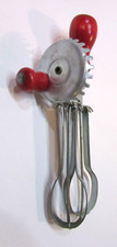 Small 4.5" Toy Tin Steel Miniature Eggbeater w Painted Red Wood Handle Knob