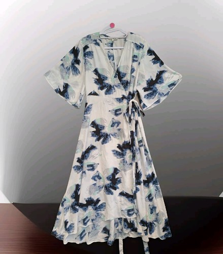 Black Boho Dress 10 Blue Floral White Bell Sleeves Wraparound Baby Doll Midaxi