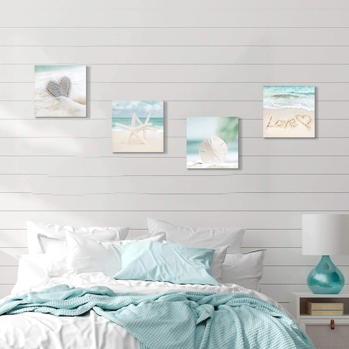 4-Panel Coastal Seashell & Starfish Canvas Wall Art for Bathroom 12'' x 12'' - Picture 6 of 9