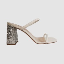  920 Miu Miu Women White Silver Slip-on Open-Toe Glitter Heel Sandals Shoes 39.5