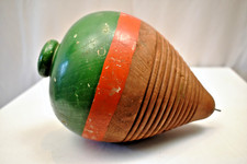 Vintage Indian Wooden Spinning Top Lattu 9" Handcrafted Folk Toy Green Orange De
