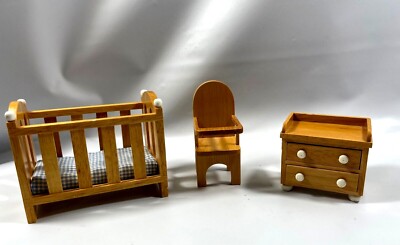 Doll Furniture House Wood Dresser Crib High Chair Mattress White Knobs 3  Set | eBay