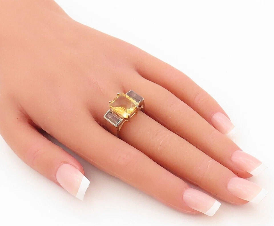 925 Sterling Silver Vintage Ring Rectangle Citrine & Smoky Quartz  Sz 8  RG30434 - Image 3 of 4