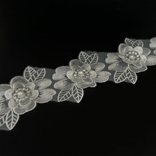 1 Yard Flower Lace Trim Flowers with White Pearl Beads Embroidered Lace Edge Tri