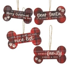 Dog Bone Red Plaid Ornaments Set of 4 Wood NIP Pet Dog Lover Christmas gift