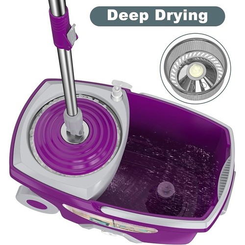 Dual Compartment Spin Mop Bucket Set 360° Rotating Wringer W/ Microfiber Heads - Picture 4 of 9