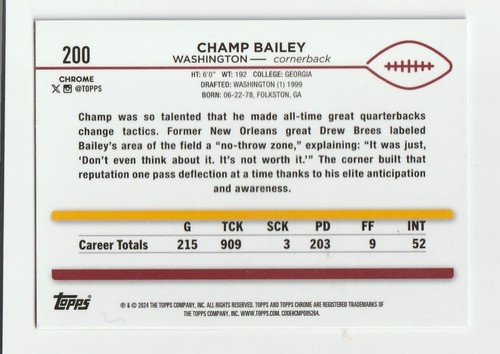 2024 Topps Chrome Sepia Refractor #200 Champ Bailey Karte, Denver Broncos HOF - Bild 2 von 2