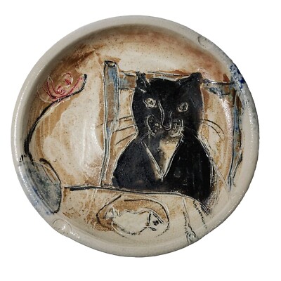 Kitty Cat Art Pottery Plate Dish Signed Textured Bowl Fish Mouse Paws 9.5''