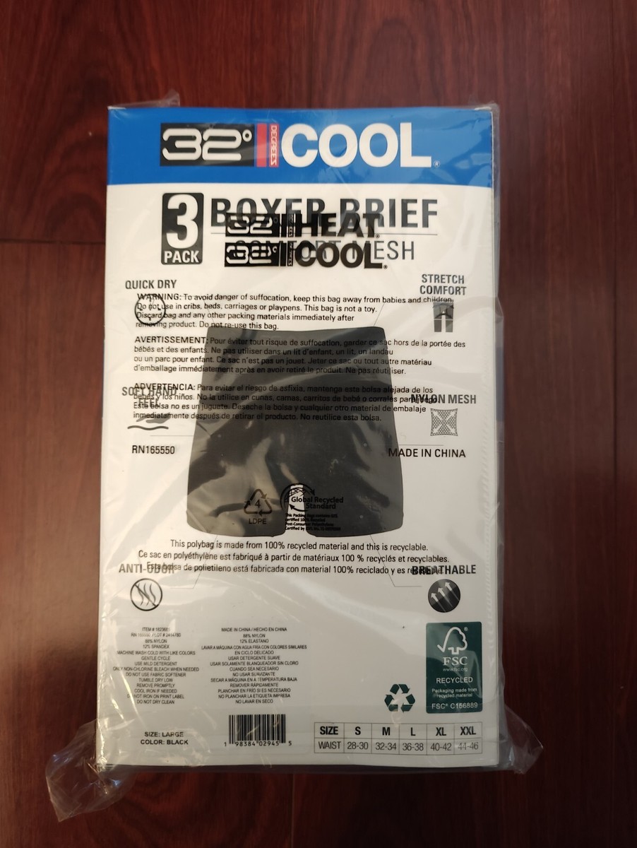 32 Degrees COOL Men's 3PK Comfort Mesh Boxer Briefs LARGE 36-38