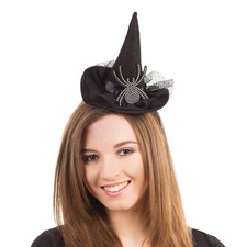 Adults Witch Hat on Headband with Diamante Spider Halloween Fancy Dress Headwear