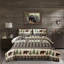 Quilt Set Queen Size Rustic Lodge Plaid Quilt Bed Spread Country Cabin Brown