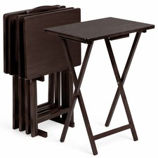 PJ Wood Folding TV Tray Tables with Compact Storage Rack, Espresso, 5 Piece Set