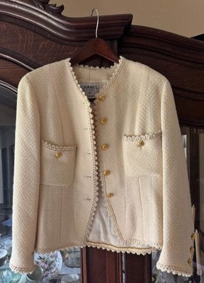 Vintage CHANEL Wool Bouclé Jacket 24k Gold Plated Buttons CC Logo