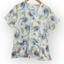 Disney Tinkerbell Women  s Small Medical Scrub Top Short Sleeve V Neck White