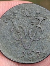 ¡Raro!!! ERROR Doble Golpe 1767 Holanda Países Bajos VOC 1 Duit Holanda Moneda_b199