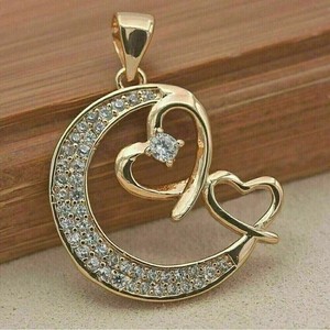 Authentic Real Moissanite 2.50Ct Round Cut Moon Heart Pendant 14k Yellow Gold Plated 18''
