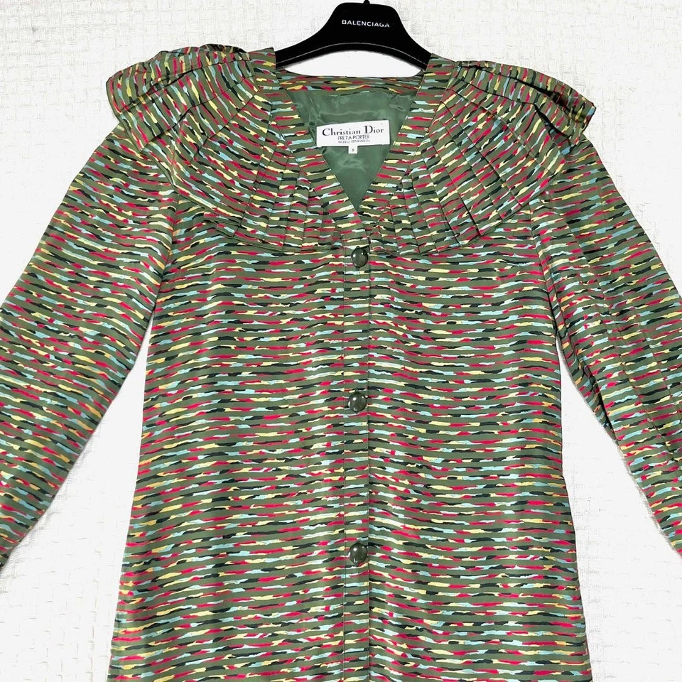 Vestido Christian Dior Cuello Grande Seda Retro Vintage Plisado Multicolor Foto 2 de 4