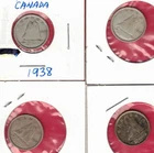 FOUR 1938 Canada Silver Dimes, .24 Troy Oz ASW ~ US$19 in Silver