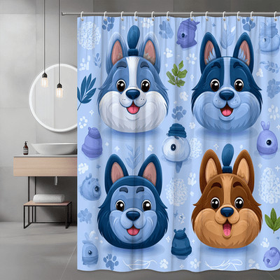 Cute Dog Faces Shower Curtain Blue Cartoon Pet Print