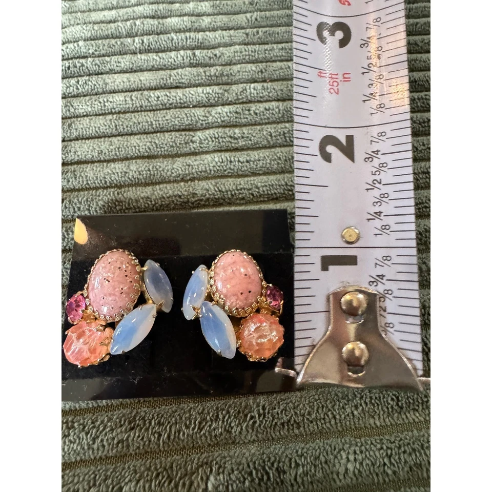 Pendientes de Clip Retro Coral Rosa Tono Oro Cabujón Foto 3 de 4
