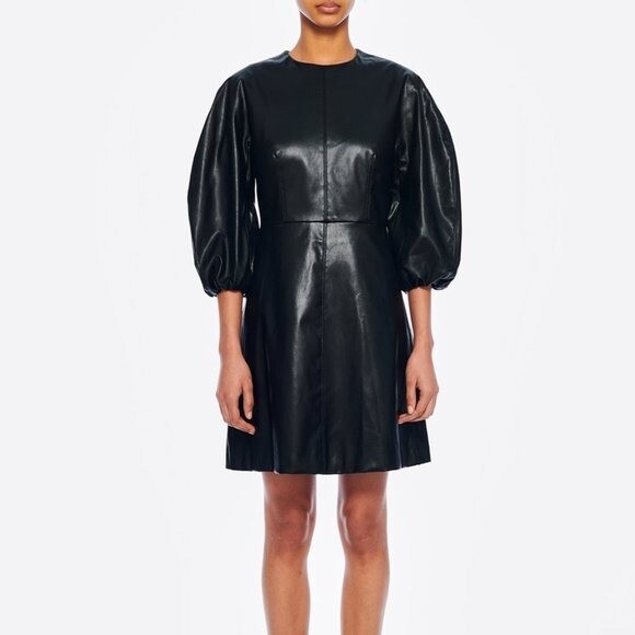 tibi faux leather dress TIBI Womens Brown Faux-Leather Belted Midi Long Sleeve Shirt Dress US4 S NEW